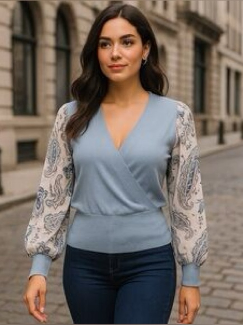 89th & Madison NWT Light Blue V-Neck Knit Sweater with Paisley Sheer Sleeves